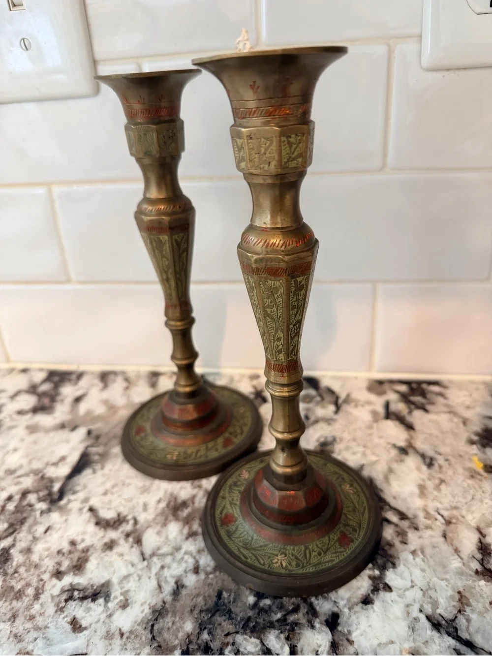 Vintage 1982 Stamped Indian Brass & Enamel Candlesticks – Matching Pair